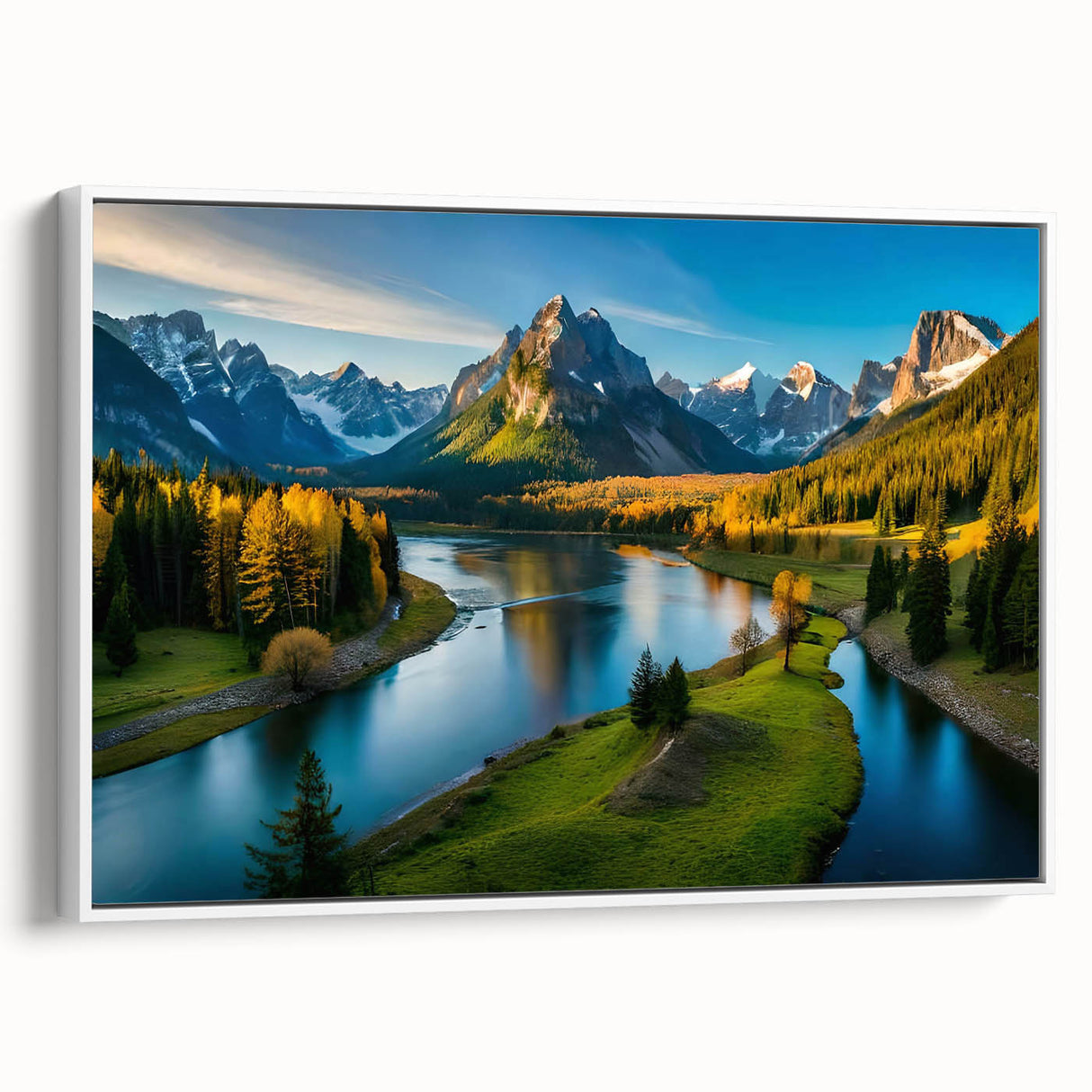 Framed canvas wall art showcasing a stunning mountain landscape design with vibrant colors, displayed in a sleek white frame, perfect for home décor.