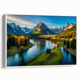 Framed canvas wall art showcasing a stunning mountain landscape design with vibrant colors, displayed in a sleek white frame, perfect for home décor.