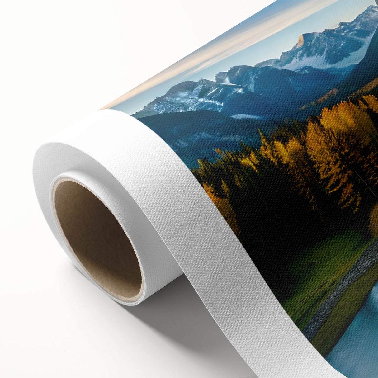 Stunning rolled canvas artwork showcasing a vibrant mountain landscape design with rich colors and intricate details, perfect for home decor and wall art collections.