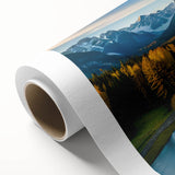 Stunning rolled canvas artwork showcasing a vibrant mountain landscape design with rich colors and intricate details, perfect for home decor and wall art collections.
