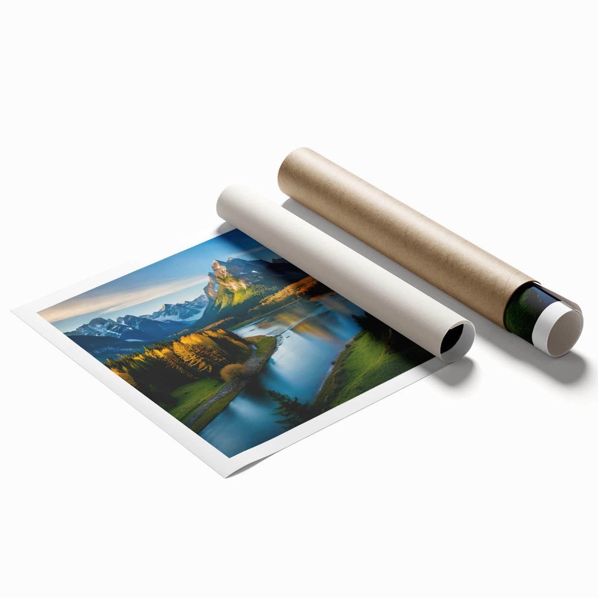Vibrant rolled print of abstract mountain landscape wall art showcasing rich blues and greens, designed to enhance modern interior decor. Ideal for nature lovers.