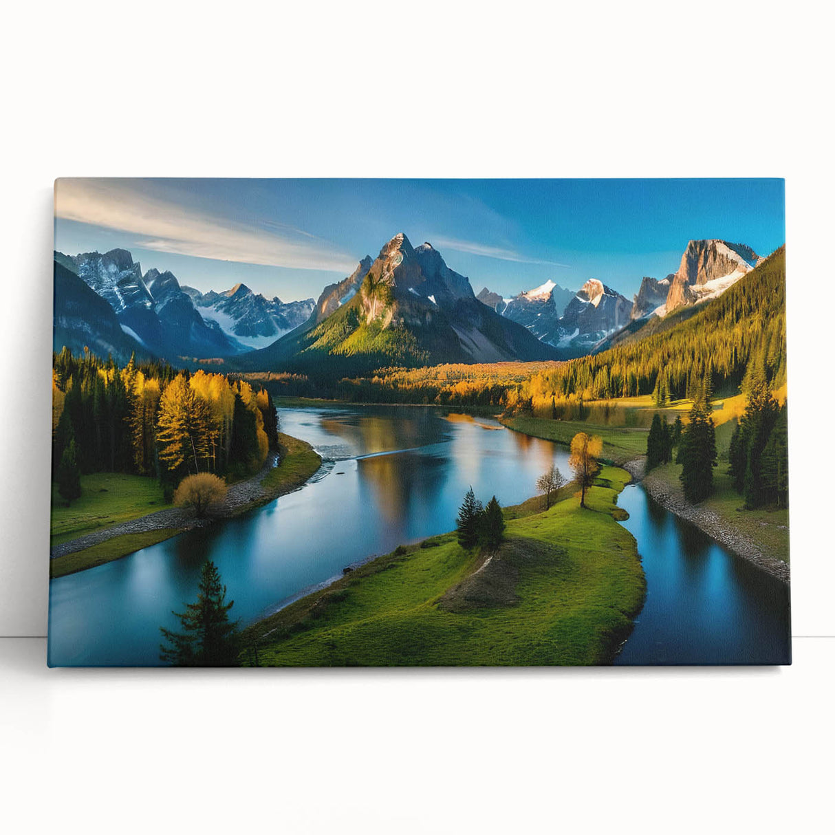 Stretched canvas artwork showcasing a serene mountain landscape, featuring vivid colors and intricate details, perfect for enhancing home decor. Ideal for nature enthusiasts and interior design lovers.