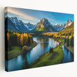 Stretched canvas wall art depicting serene mountainscape in soft blue and green tones, highlighting natural beauty for home decor. Perfect for nature lovers.