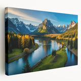 Stretched canvas wall art depicting serene mountainscape in soft blue and green tones, highlighting natural beauty for home decor. Perfect for nature lovers.