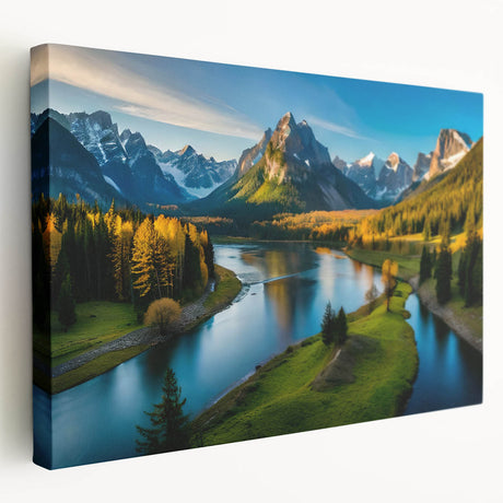 Stretched canvas wall art depicting serene mountainscape in soft blue and green tones, highlighting natural beauty for home decor. Perfect for nature lovers.