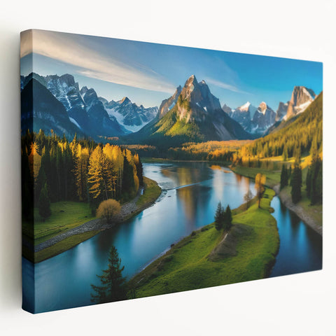 Stretched canvas wall art depicting serene mountainscape in soft blue and green tones, highlighting natural beauty for home decor. Perfect for nature lovers.