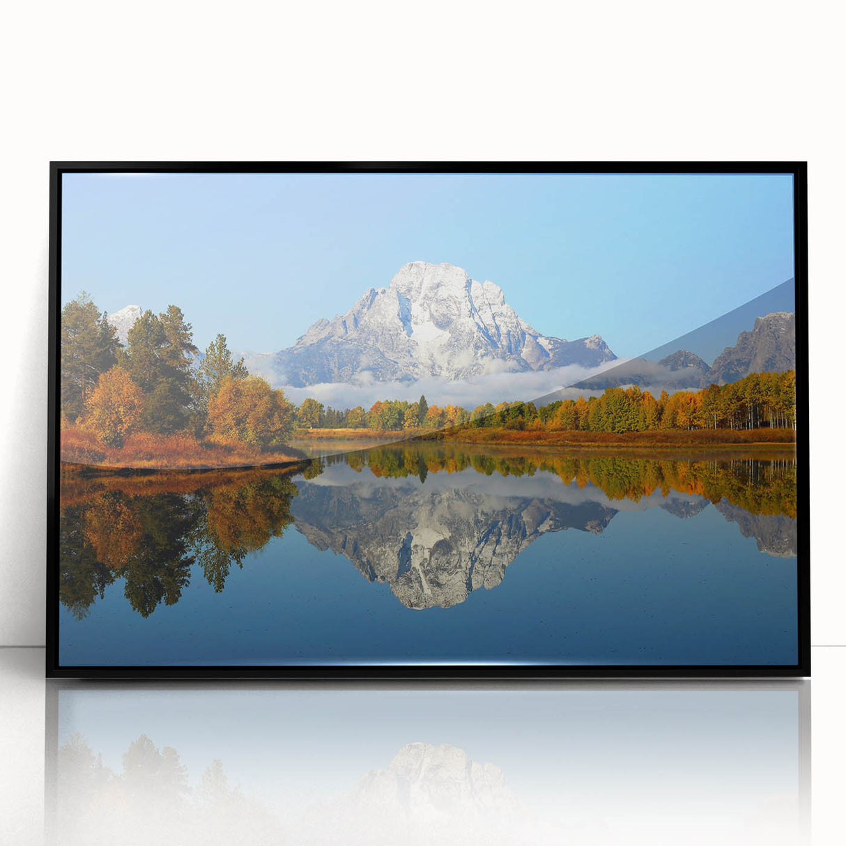 Framed wall art featuring a stunning mountain landscape design with vibrant colors, set in a sleek black frame, perfect for home decor and nature enthusiasts.