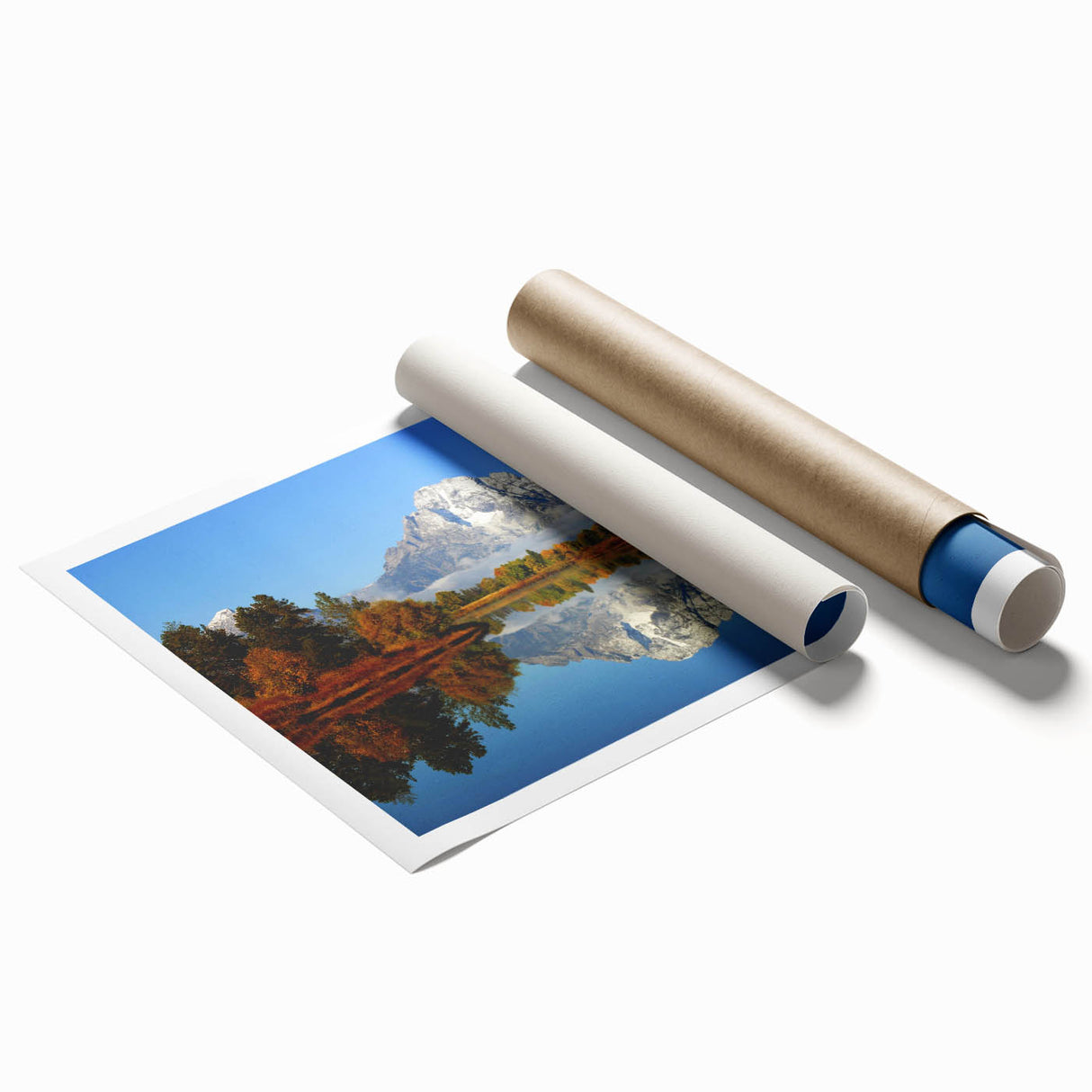 Vibrant landscape wall art print showcasing majestic mountains under a blue sky, ideal for home decor, rolled and ready for framing or display.