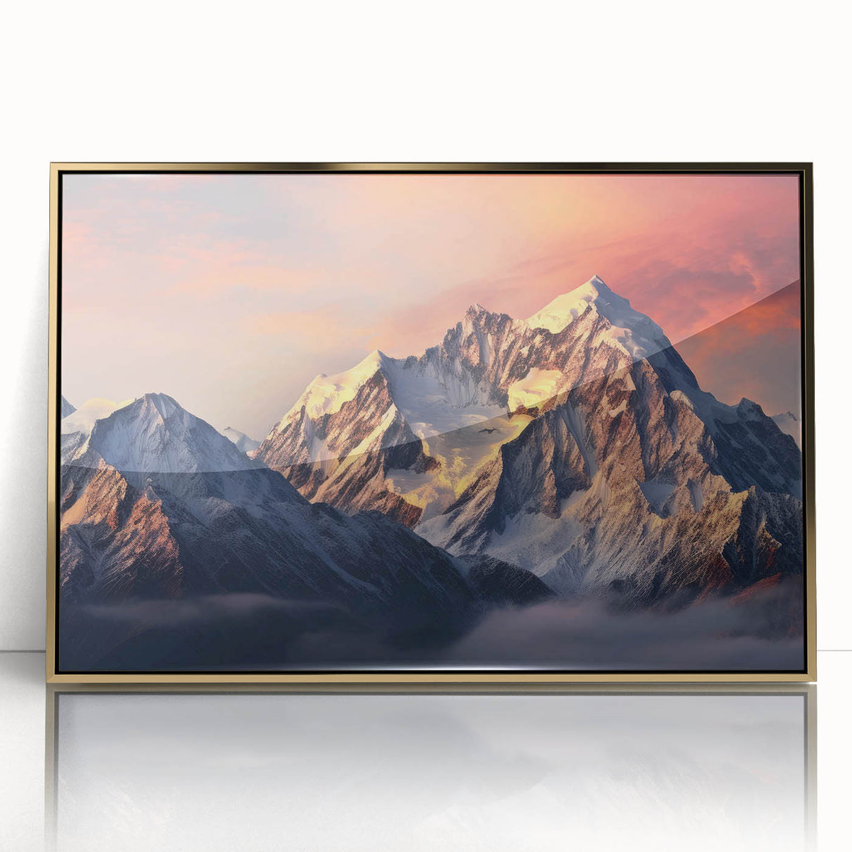 Framed wall art featuring a stunning mountain landscape design with vibrant colors and gold accents, perfect for enhancing modern home decor and creating a serene atmosphere.
