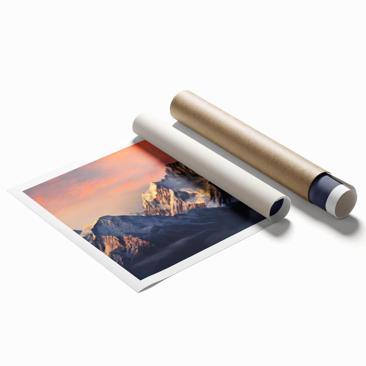 Vibrant rolled print of majestic mountain landscapes showcasing vivid colors and intricate details, ideal for home decor and art enthusiasts.