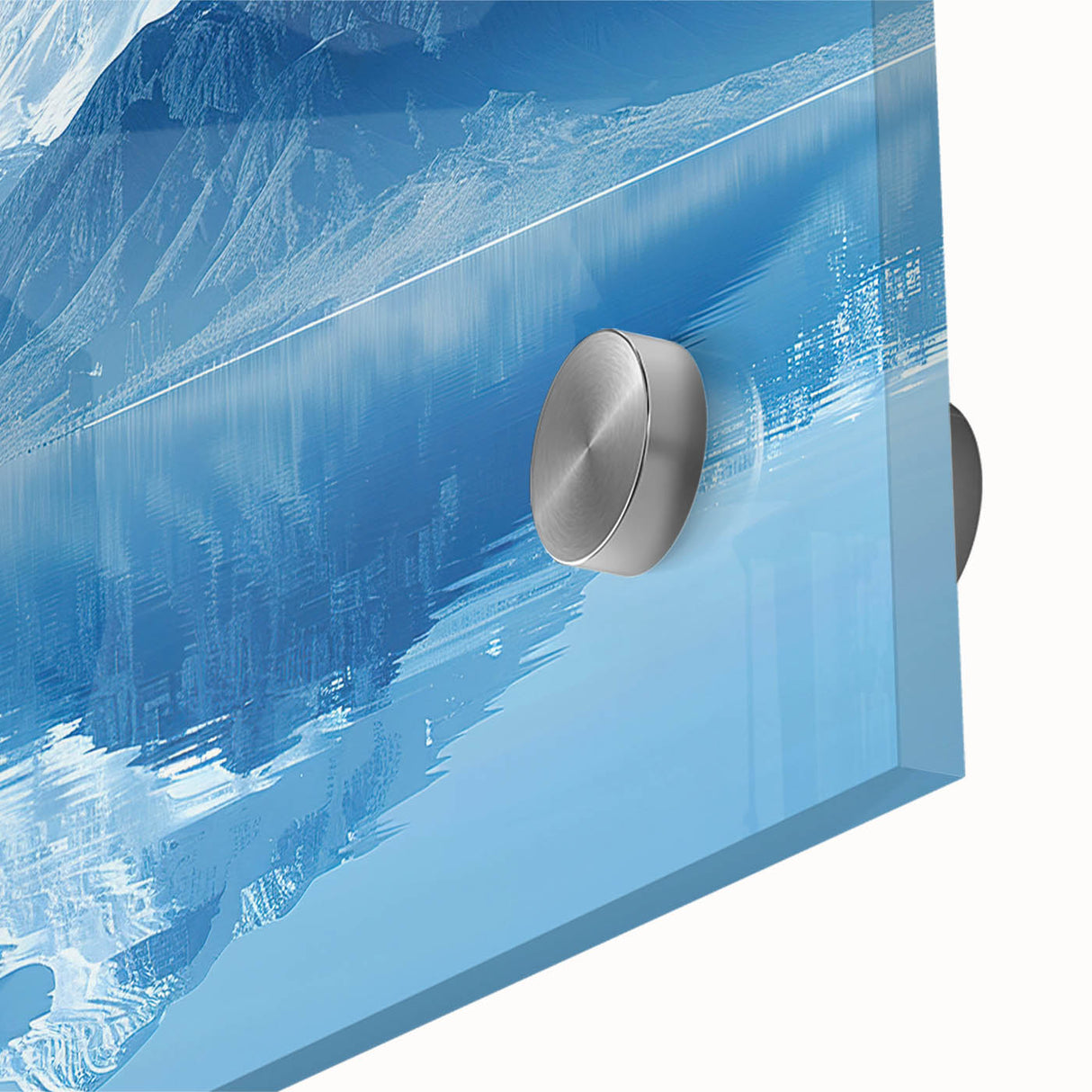 Close-up of a stunning acrylic glass wall art piece featuring a vibrant mountain landscape design, showcasing rich colors and intricate details, ideal for modern home decor.