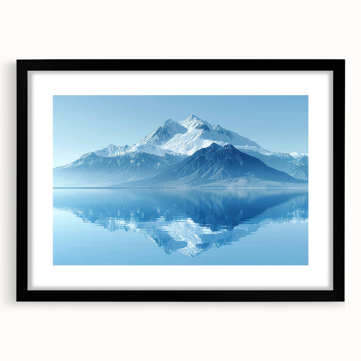 Framed black and white landscape wall art featuring majestic mountain peaks, ideal for modern home decor, enhancing indoor spaces with a serene aesthetic.