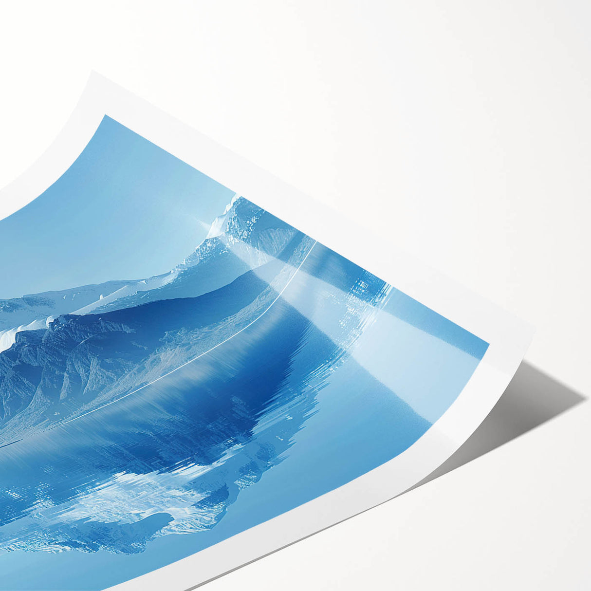 Vibrant rolled print showcasing a stunning landscape of majestic mountains at sunset, featuring rich colors and intricate details, ideal for home decor.