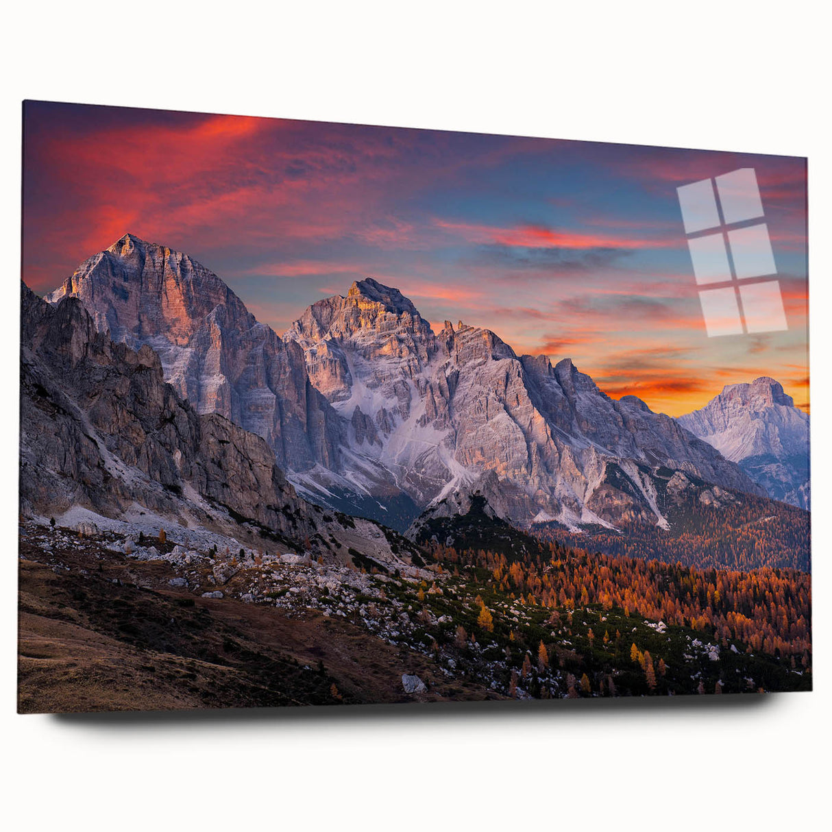 Acrylic wall art design showcasing a stunning mountain landscape in vibrant colors, viewed from the side, highlighting its sleek glass finish and modern aesthetic. Perfect for elevating living spaces with a nature-inspired touch.
