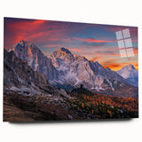 Acrylic wall art design showcasing a stunning mountain landscape in vibrant colors, viewed from the side, highlighting its sleek glass finish and modern aesthetic. Perfect for elevating living spaces with a nature-inspired touch.