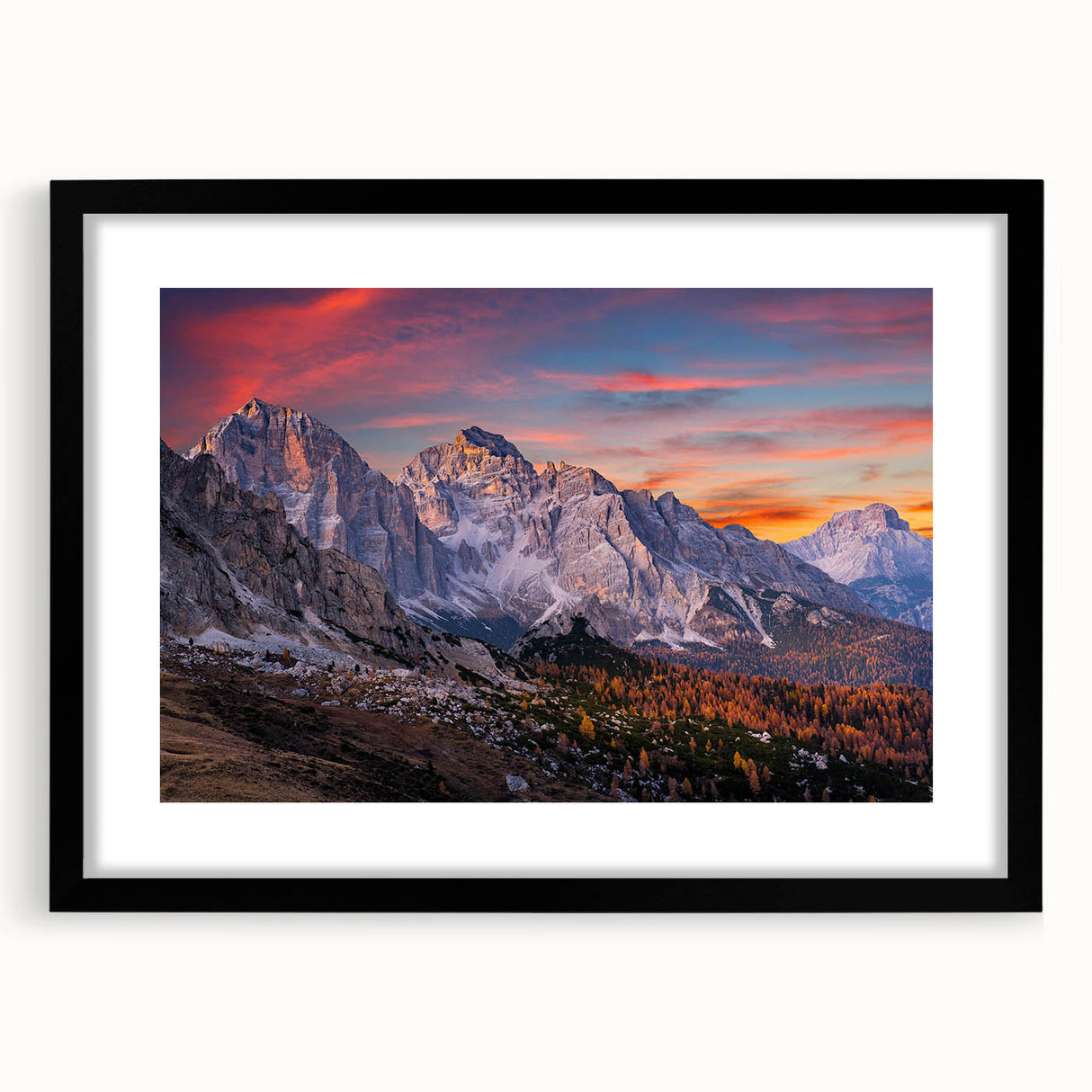 Framed black mat wall art showcasing a stunning mountain landscape design, ideal for home decor, emphasizing natural beauty and serenity. Perfect for nature lovers.
