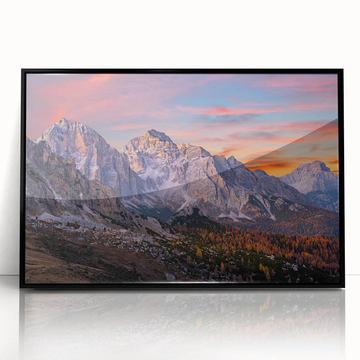 Framed wall art showcasing a serene mountain landscape design in black acrylic, highlighting vibrant colors and intricate details, perfect for home decor.