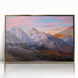 Framed acrylic wall art showcasing a stunning mountain landscape design with gold accents, perfect for enhancing modern home decor. Ideal for nature lovers.