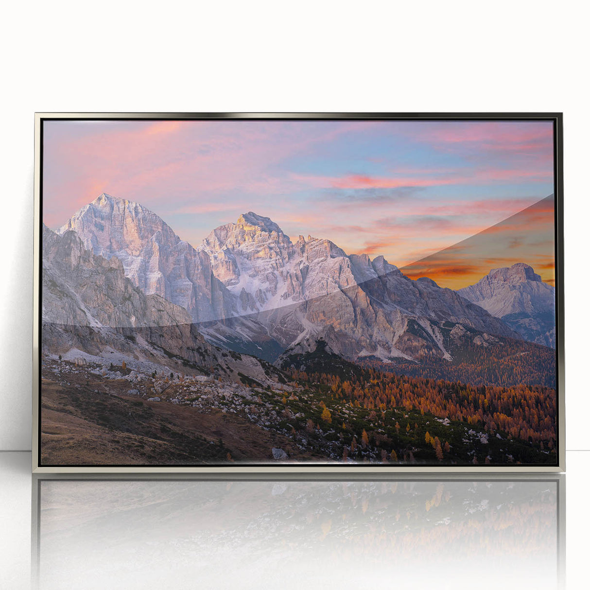Framed acrylic wall art featuring a serene mountain landscape design in silver hues, ideal for modern home decor. Perfect for enhancing living spaces with nature-inspired aesthetics.