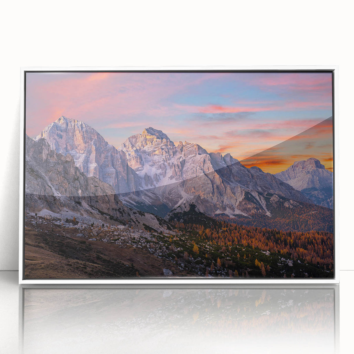 Framed acrylic wall art featuring a serene mountain landscape design, displayed in a sleek white frame, ideal for enhancing modern home decor aesthetics.