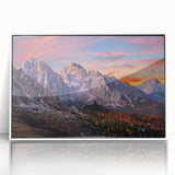 Framed acrylic wall art featuring a serene mountain landscape design, displayed in a sleek white frame, ideal for enhancing modern home decor aesthetics.