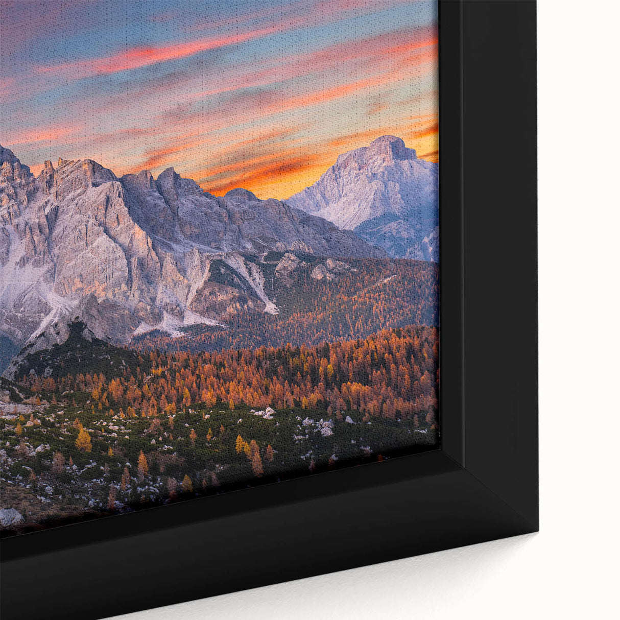 Framed canvas wall art showcasing a stunning mountain landscape design with vibrant colors, perfect for home decor. Close-up detail highlights texture and depth.