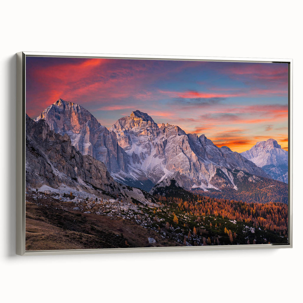 Framed canvas wall art showcasing a scenic mountain landscape design with silver accents, ideal for modern home decor. Perfect for adding a touch of nature to any space.