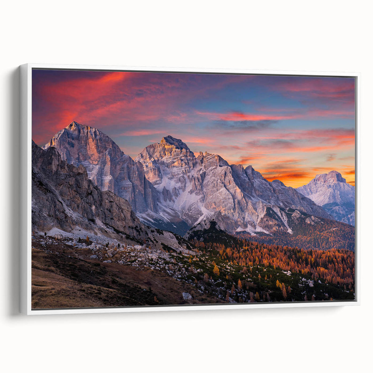 Framed canvas wall art showcasing a stunning mountain landscape design with vibrant colors, ideal for enhancing any interior decor, viewed from the side.