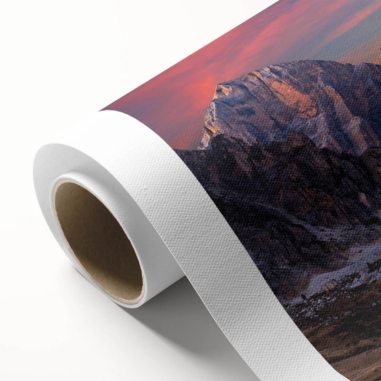 Stunning rolled canvas wall art showcasing a panoramic mountain landscape in vibrant colors, ideal for home decor. Perfectly packaged for easy display.