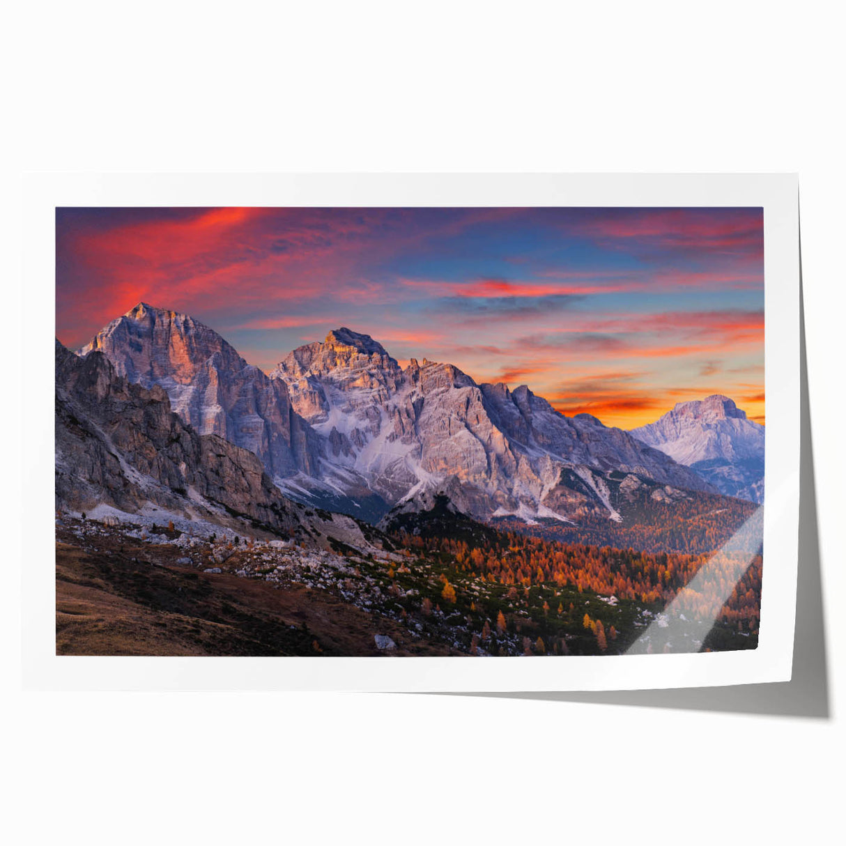 Vibrant rolled print of a mountainous landscape design showcasing vivid colors and intricate details, ideal for home decor or art enthusiasts.