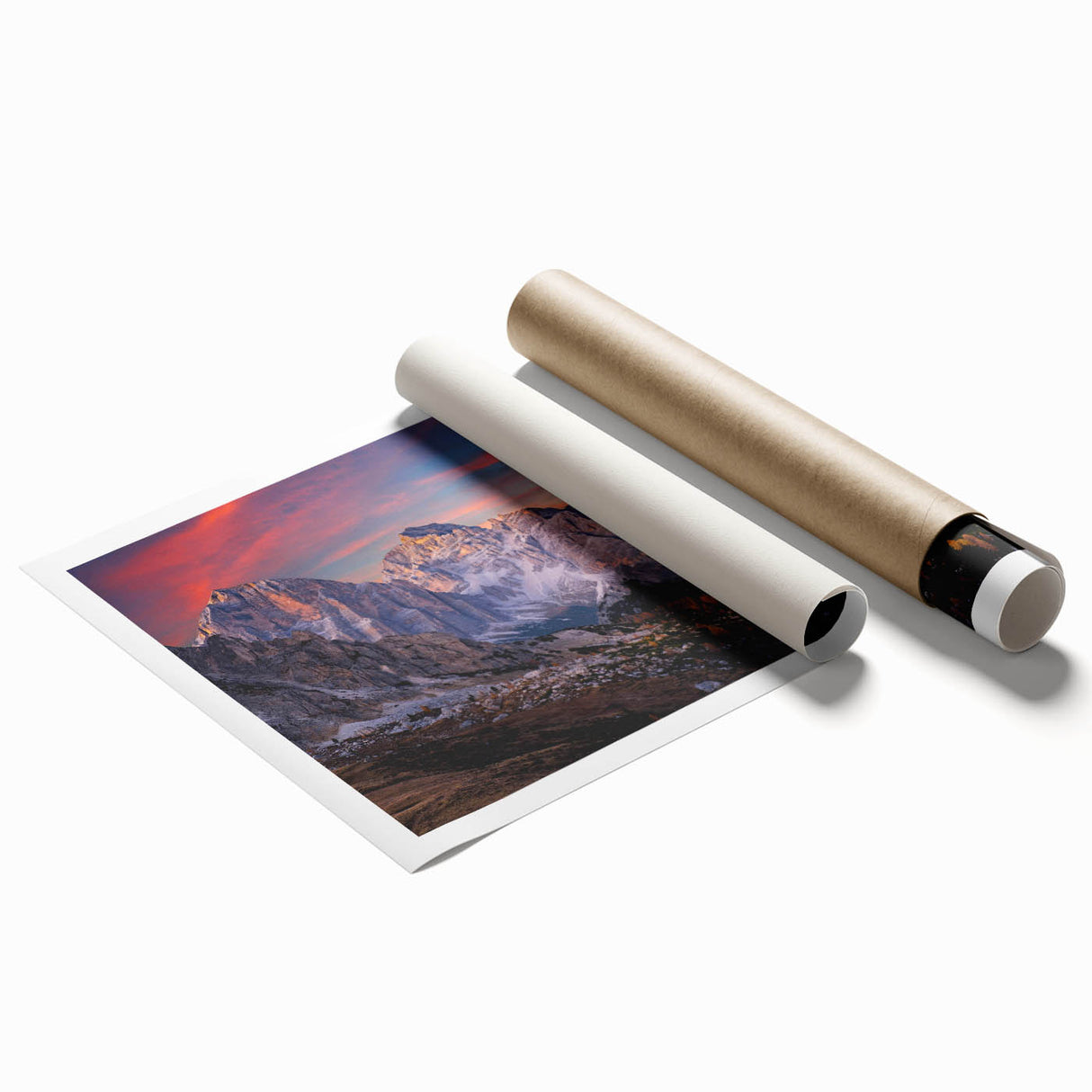 Vibrant landscape wall art print showcasing majestic mountains and a serene sky, rolled for easy framing and display, perfect for home decor enthusiasts.