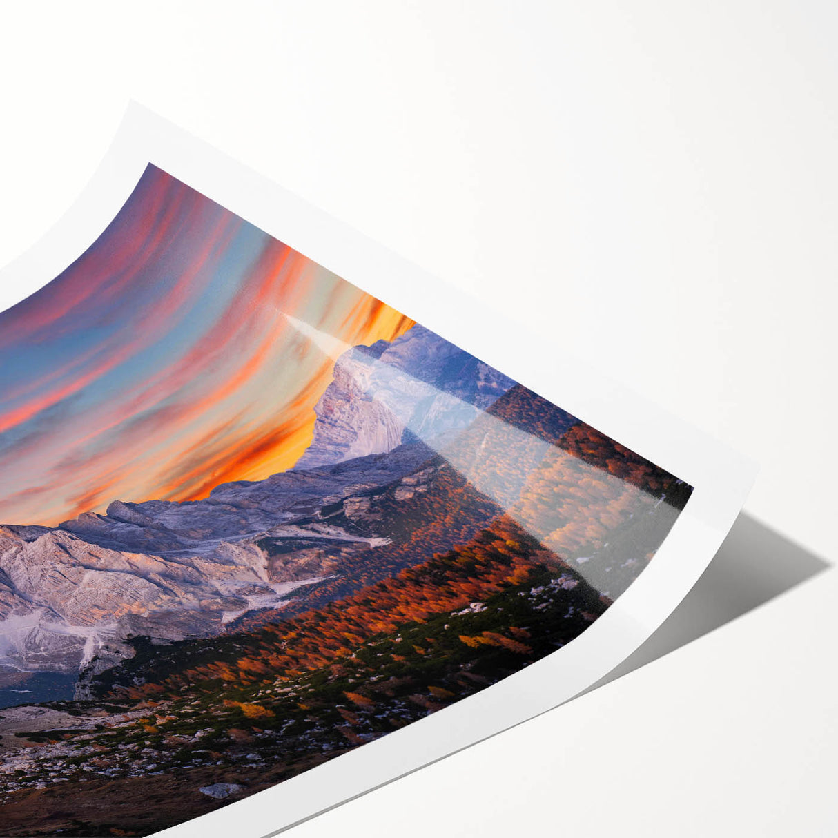 Rolled wall art print showcasing a stunning mountain landscape design, featuring vibrant colors and intricate details, ideal for home decor enthusiasts.