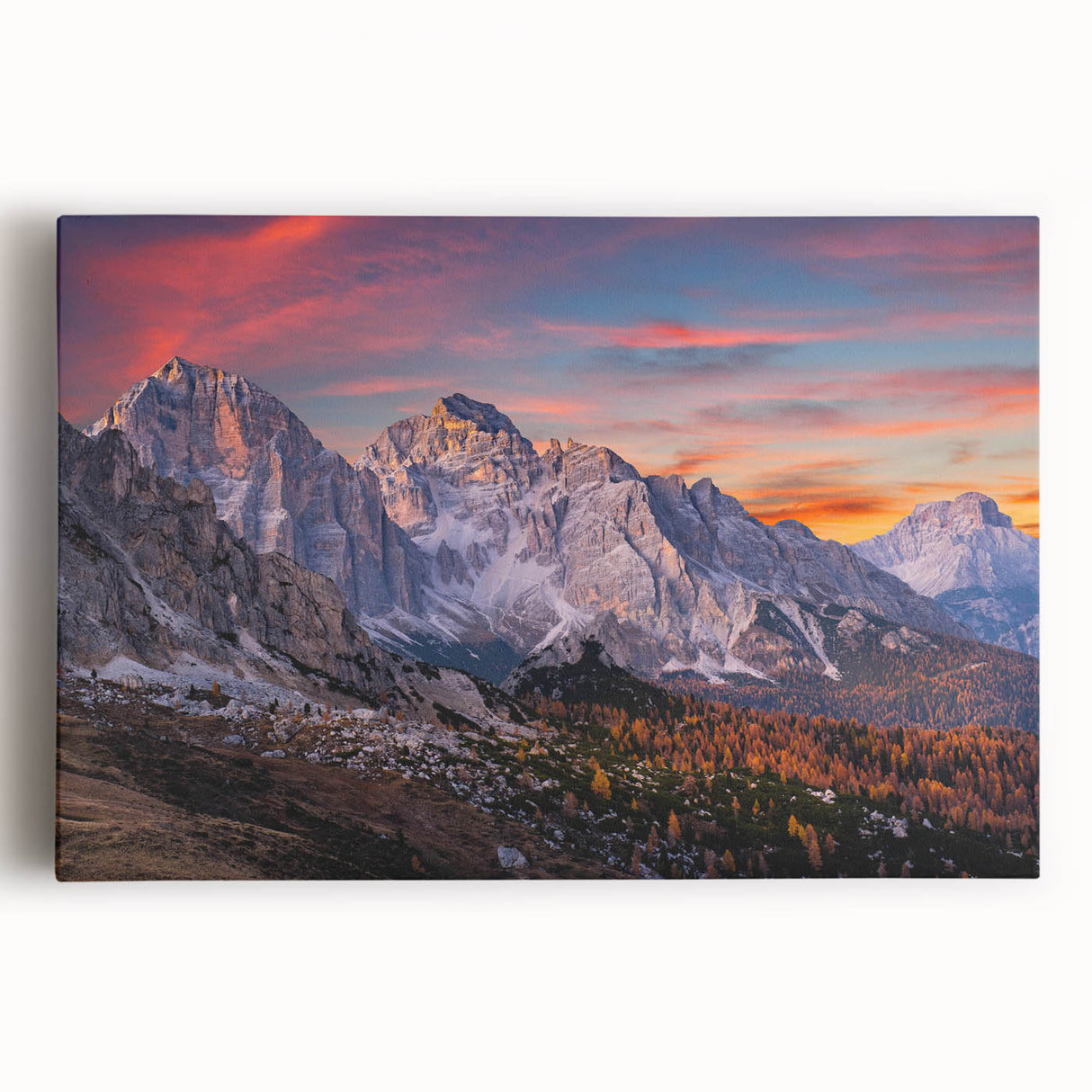 Stretched canvas wall art showcasing a breathtaking mountain landscape design in vibrant colors, perfect for home decor or office spaces, adding a serene touch to any interior.