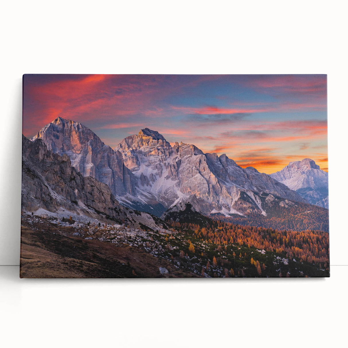 Stretched canvas wall art depicting a serene mountain landscape with vibrant colors and detailed textures, perfect for home decor and nature enthusiasts.