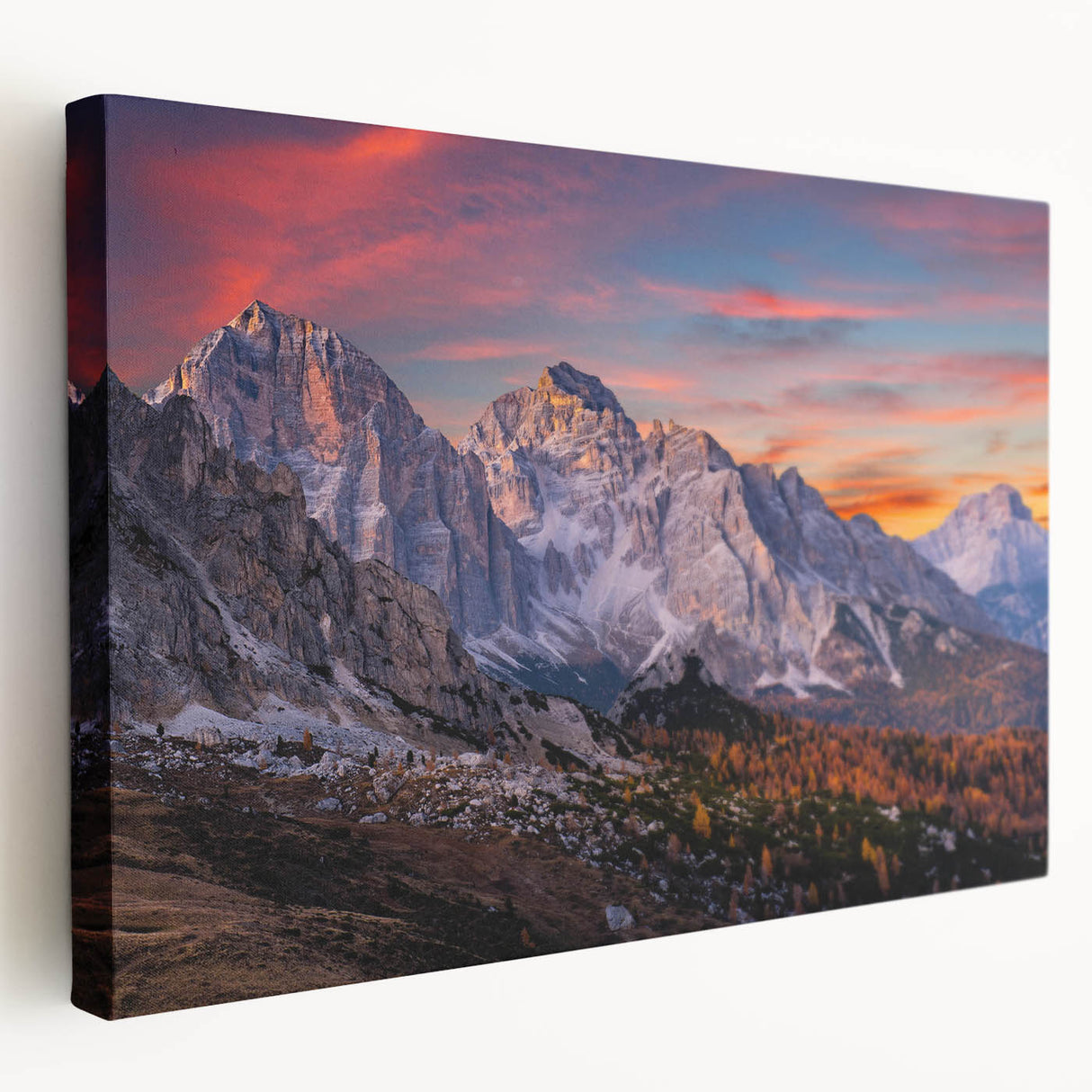 Stretched canvas wall art showcasing a vibrant mountain landscape design, featuring rich colors and intricate details, perfect for home decor enhancement.