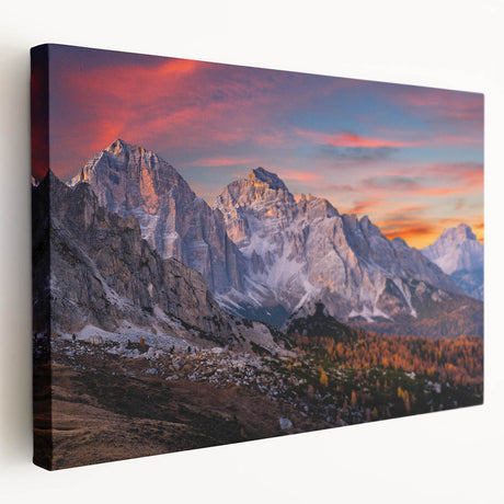 Stretched canvas wall art showcasing a vibrant mountain landscape design, featuring rich colors and intricate details, perfect for home decor enhancement.