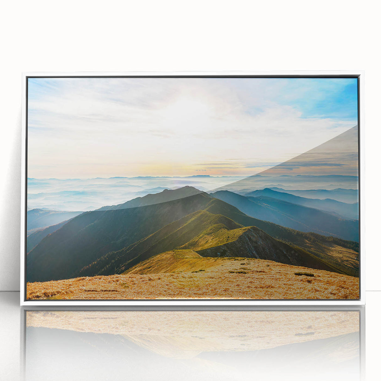 Framed acrylic wall art showcasing a stunning mountain landscape design, featuring vibrant colors and intricate details, perfect for home decor enhancement.