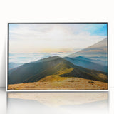 Framed acrylic wall art showcasing a stunning mountain landscape design, featuring vibrant colors and intricate details, perfect for home decor enhancement.