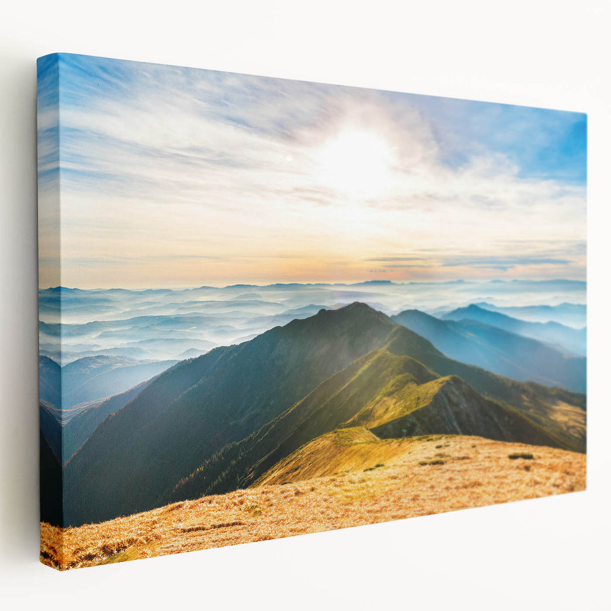 Stretched canvas wall art featuring a vibrant mountain landscape design in rich colors, showcasing majestic peaks and serene skies, perfect for home decor.