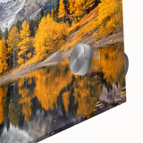 Close-up of a vibrant acrylic landscape wall art piece showcasing majestic mountains under a clear blue sky, perfect for home decor enthusiasts.