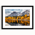 Framed wall art featuring a serene mountain landscape design, with a black mat and frame, perfect for enhancing modern home decor and adding a nature-inspired touch.