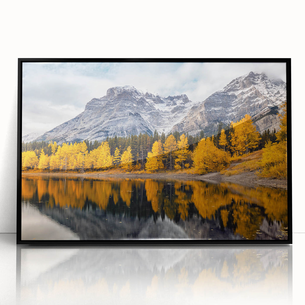 Framed acrylic wall art featuring a stunning mountain landscape design, presented in a sleek black frame, ideal for modern home decor. Perfect for nature enthusiasts and adding elegance to any room.