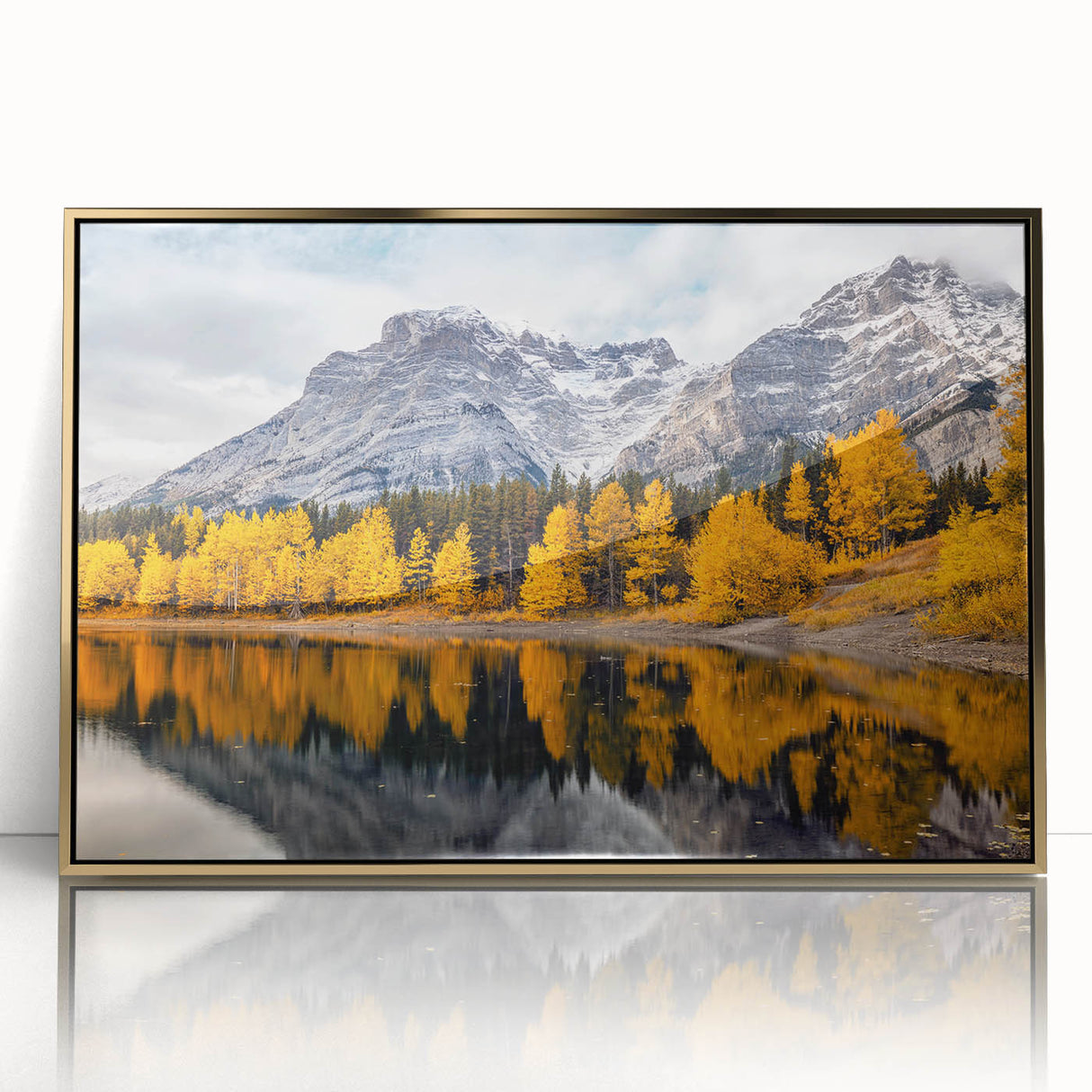 Framed wall art featuring a stunning mountain landscape design with rich colors and gold accents, ideal for home decor and interior design enthusiasts.