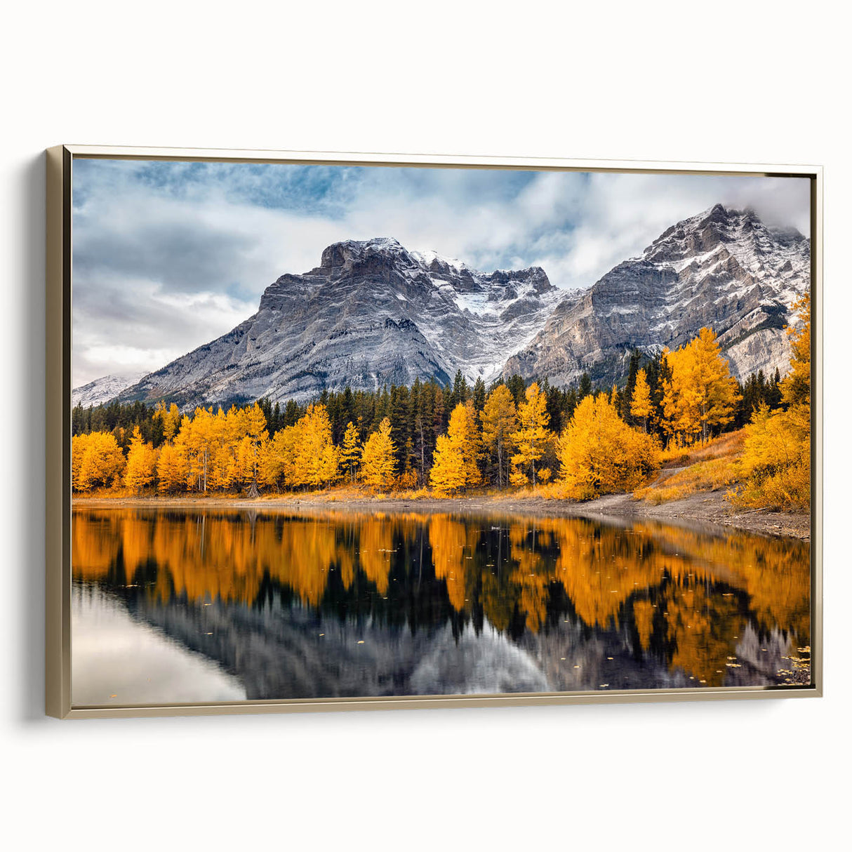 Framed canvas wall art showcasing a picturesque mountain landscape design, featuring vibrant colors and gold accents, ideal for enhancing home decor.