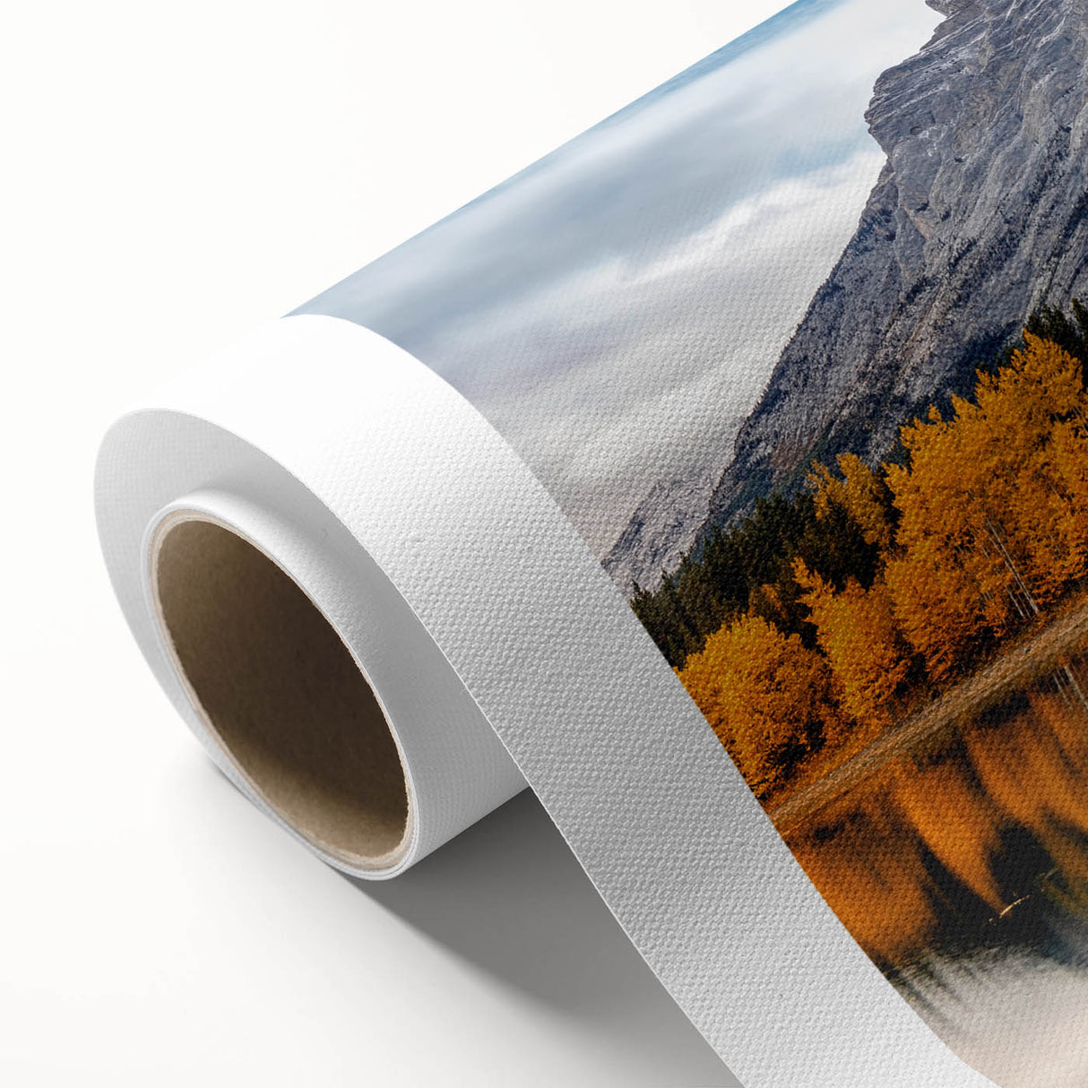 Stunning rolled canvas wall art showcasing a vibrant mountain landscape design, featuring rich colors and intricate details, perfect for home decor and interior design enthusiasts.