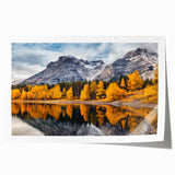 Mountain landscape wall art print showcasing a serene view of snow-capped peaks and lush green valleys, rolled for easy transport and display. Ideal for home decor.