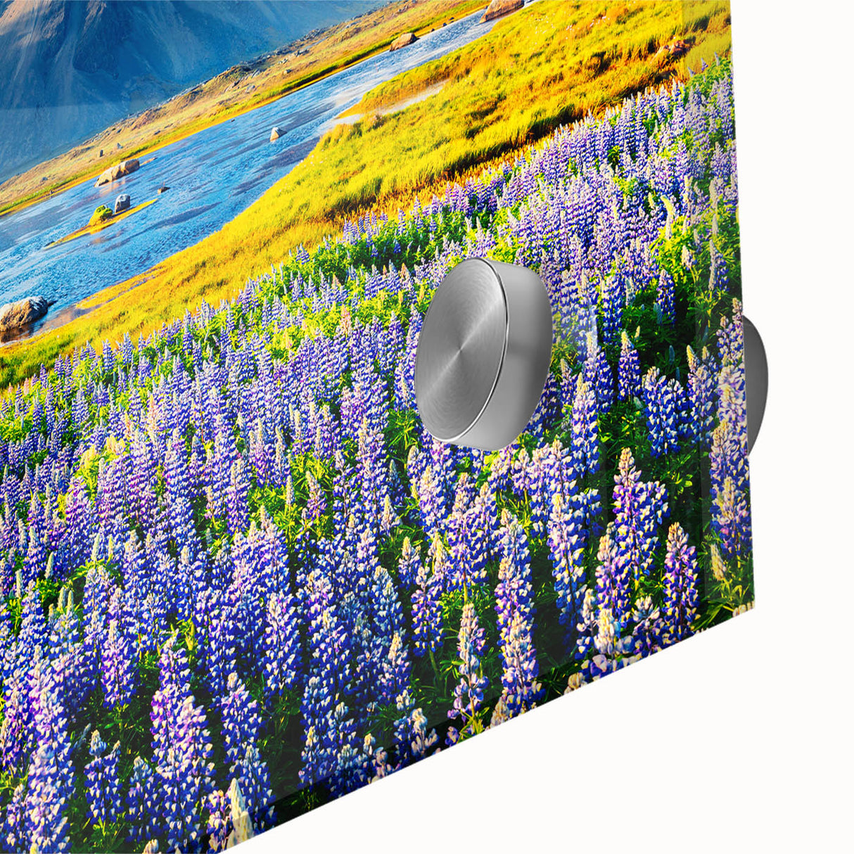 Close-up of a vibrant acrylic glass wall art piece showcasing a stunning mountain landscape design, perfect for adding a touch of nature-inspired decor to any space.
