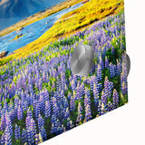 Close-up of a vibrant acrylic glass wall art piece showcasing a stunning mountain landscape design, perfect for adding a touch of nature-inspired decor to any space.
