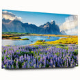 Acrylic glass wall art featuring a vibrant mountain landscape design, showcasing rich colors and intricate details, elegantly displayed with stylish pins on a white background. Ideal for modern home decor enthusiasts seeking nature-inspired artwork.