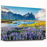 Acrylic glass wall art featuring a vibrant mountain landscape design, showcasing rich colors and intricate details, elegantly displayed with stylish pins on a white background. Ideal for modern home decor enthusiasts seeking nature-inspired artwork.